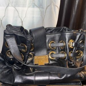 Jimmy Choo Black Leather Shoulder Bag with Gold Grommet Detail